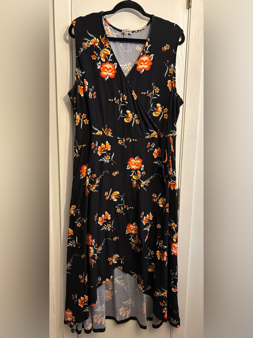 J for Justify Black Wrap Midi Dress with Orange & Yellow Floral Print